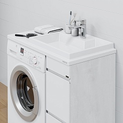 СанТа Мебель для ванной под стиральную машину Марс 90 R 2 ящика с зеркальным шкафом Стандарт 90 белая/светлое дерево – фотография-6